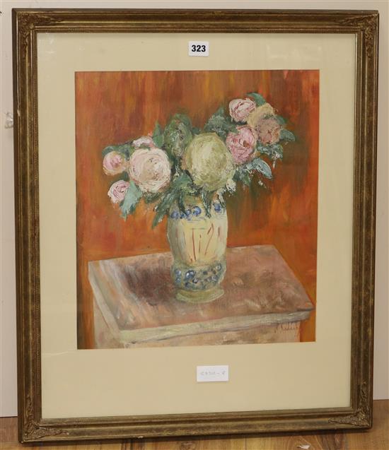 Rowland Suddaby, oil on card, still life of flowers in a vase, signed, 17 x 15in.